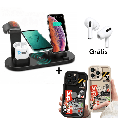 Kit PowerHub Max 6 em 1 com Capinha FlexiCase e Fones Bluetooth SportBeats Air Pro 5.0 – Solução Completa para Carregar e Proteger Seu Dispositivo